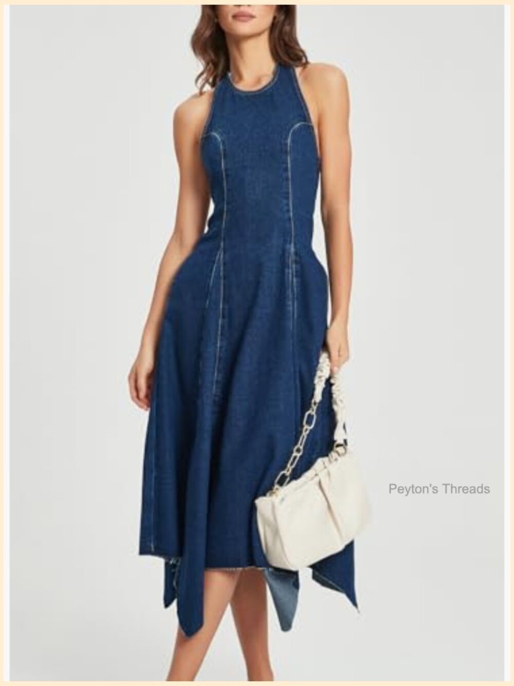 Halter Neck Backless Denim Midi Dress A-Line Flowy Zipper Closure - Picture 2 of 6